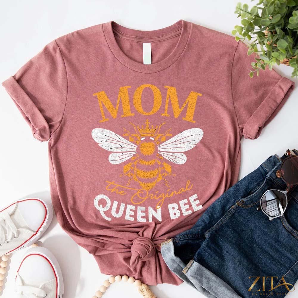 Zita La Belle Elite Mother's Day T-shirt featuring "Mom, The Original Queen Bee" design in stylish, fun graphic print.