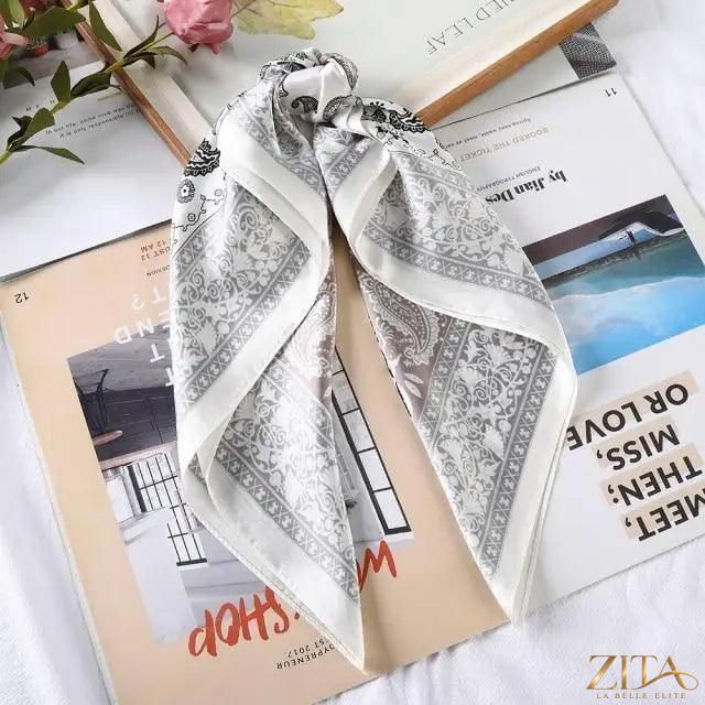 Square satin silk scarf by Zita La Belle Elite, 24x24 inches, shown styled as a headband and hair accessory.