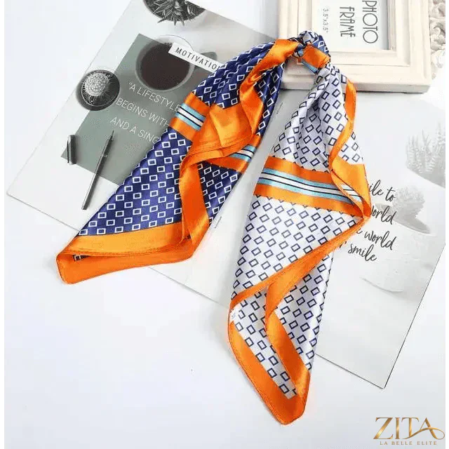 Square satin silk scarf by Zita La Belle Elite, 24x24 inches, shown styled as a versatile headband and hair accessory.