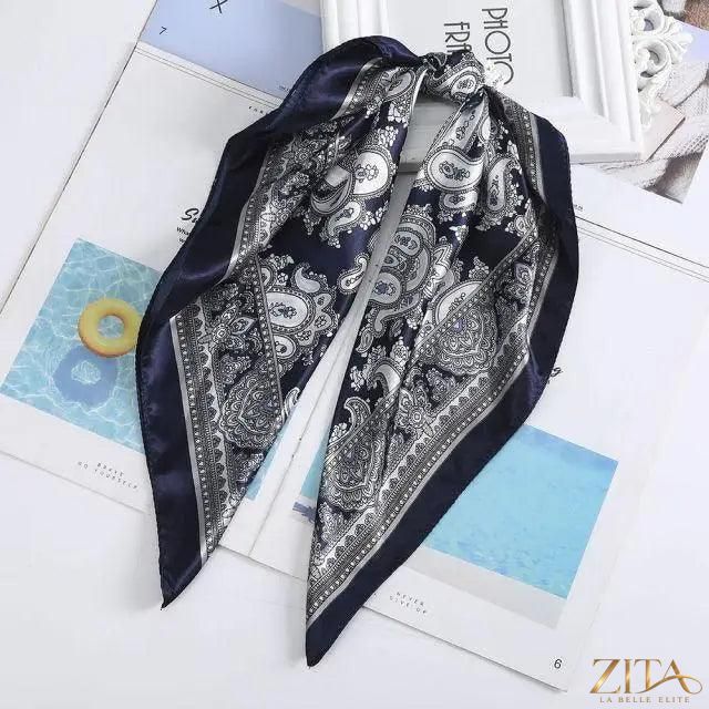 Square satin silk scarf by Zita La Belle Elite, 24x24 inches, shown as a versatile headband and hair accessory.