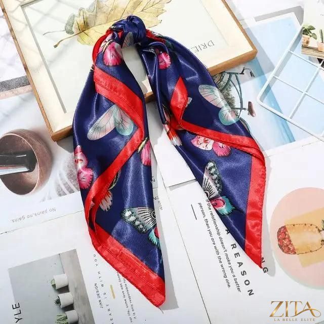 Square satin silk scarf by Zita La Belle Elite, 24x24 inches, featuring a colorful design suitable for headbands, hair accessories, and styles.