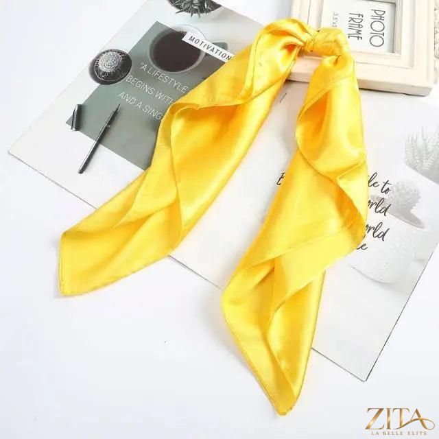 Square satin silk scarf by Zita La Belle Elite, 24x24 inches, featuring vibrant colors and versatile use as headband or hair accessory.
