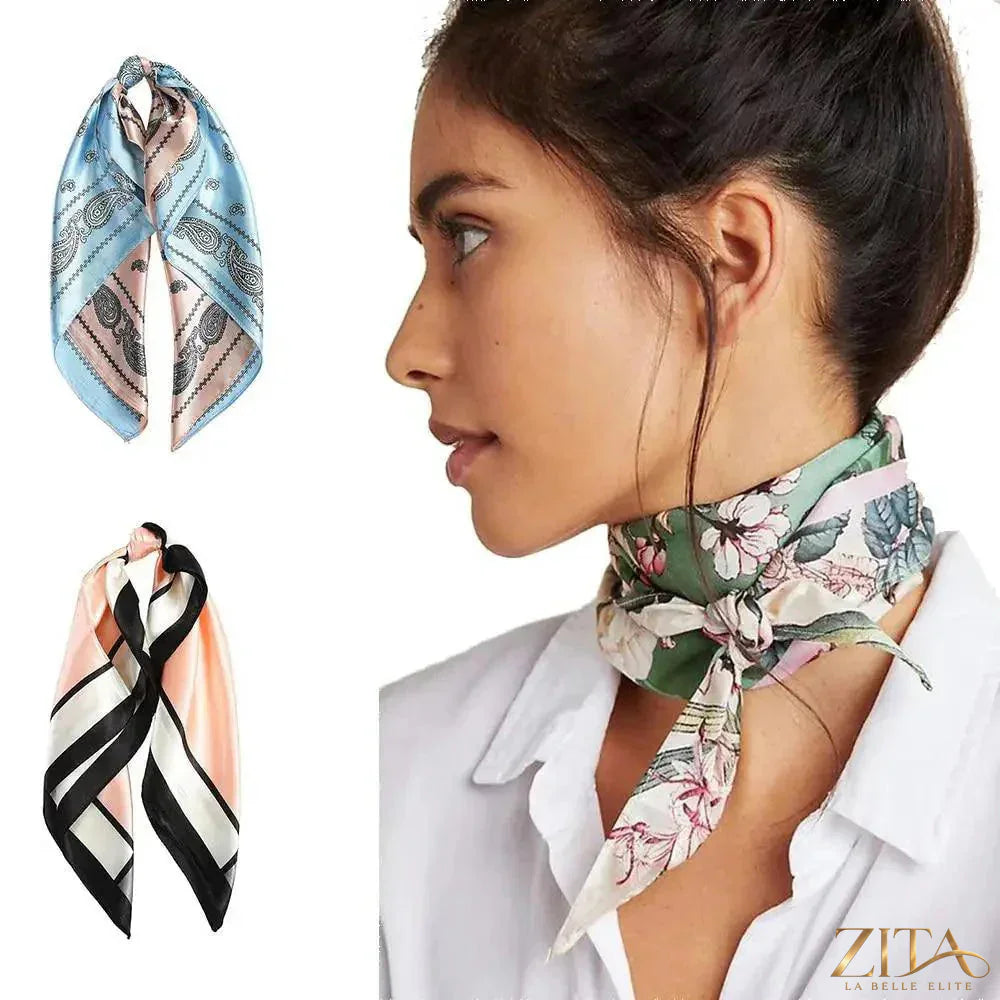 Square satin silk scarf by Zita La Belle Elite, 24x24 inches, versatile headband and hair accessory in vibrant silk fabric.