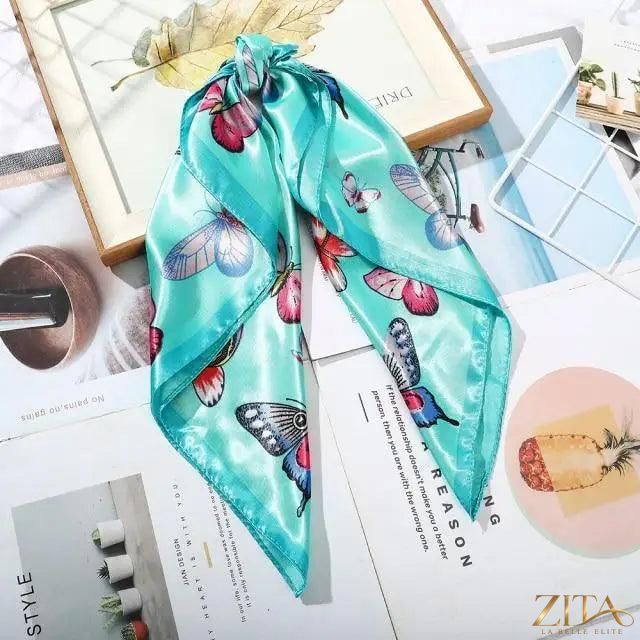 Square satin silk scarf by Zita La Belle Elite, 24x24 inches, shown styled as a headband and hair accessory.