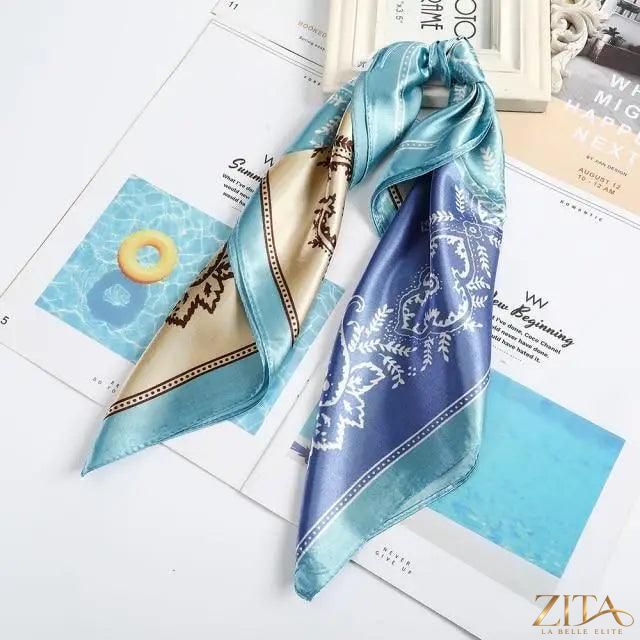 Square satin silk scarf by Zita La Belle Elite, 24x24 inches, featuring vibrant colors, versatile for headbands and hair accessories.