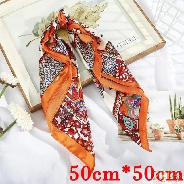 Square satin silk scarf by Zita La Belle Elite, 24x24 inches, featuring a vibrant, multi-functional design for headbands and hair accessories.