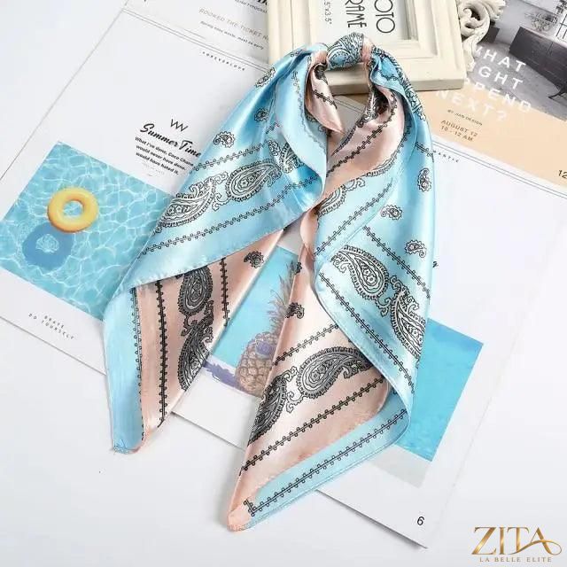 Square satin silk scarf by Zita La Belle Elite, 24x24 inches, shown as a versatile headband and hair accessory.