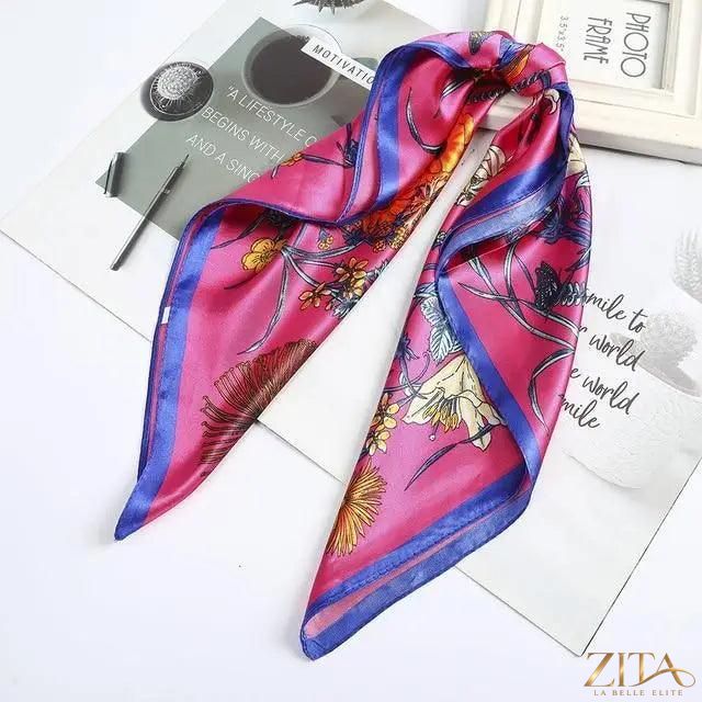 Square satin silk scarf by Zita La Belle Elite, 24x24 inches, showcasing vibrant colors and versatile styling options.