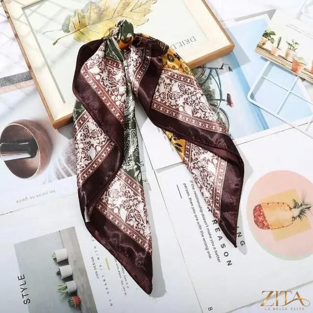 Square satin silk scarf by Zita La Belle Elite, 24x24 inches, featuring a colorful, multi-functional design for headbands or hair accessories.