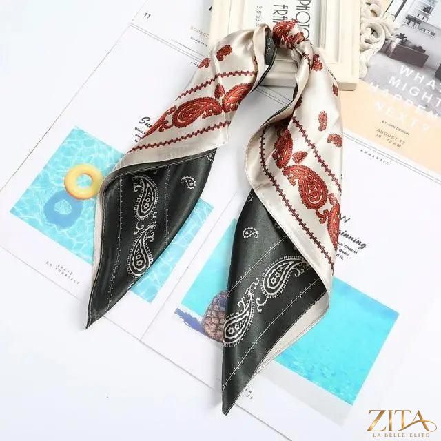 Square satin silk scarf by Zita La Belle Elite, 24x24 inches, styled as a headband and hair accessory, with a vibrant, smooth fabric.
