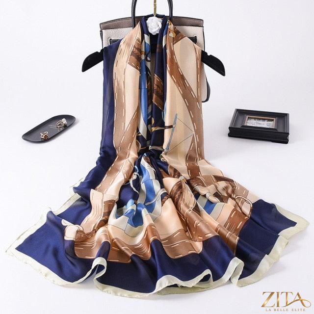 Luxury long printed silk scarf by Zita La Belle Elite, featuring stylish design, perfect for head wraps, neck scarves, and hijabs.