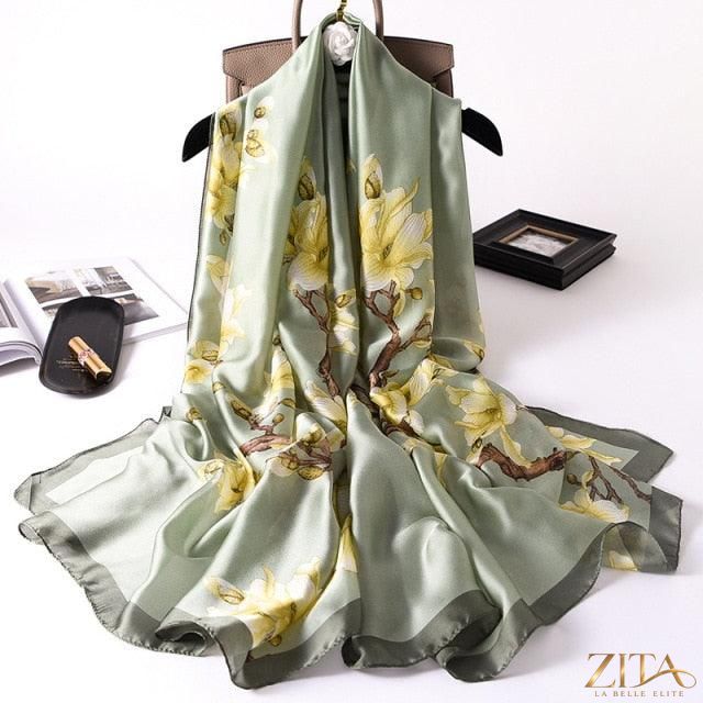 Luxury long printed silk scarf by Zita La Belle Elite, stylish winter silk shawl with vibrant print and versatile wrap design.