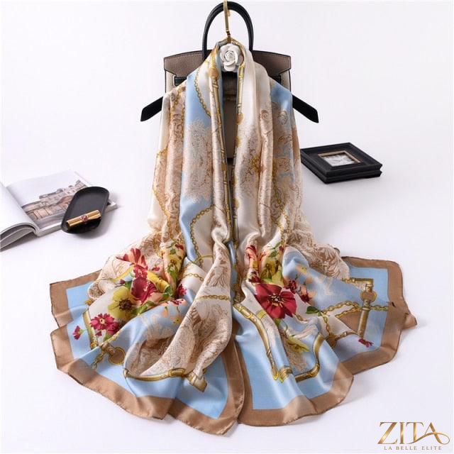 Luxury long printed silk scarf by Zita La Belle Elite, featuring elegant design, perfect as a stylish shawl or head wrap.