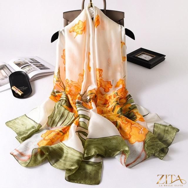 Luxury long printed silk scarf by Zita La Belle Elite, stylish winter silk shawl with vibrant print, versatile for head, neck, and hijab wear.