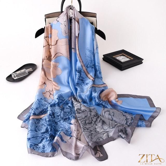 Luxury long printed silk scarf by Zita La Belle Elite, featuring vibrant patterns, perfect for stylish shawls, head wraps, and hijabs.