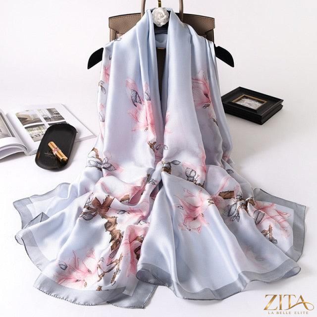 Luxury long printed silk scarf by Zita La Belle Elite, featuring intricate patterns, perfect as a stylish shawl or head wrap.