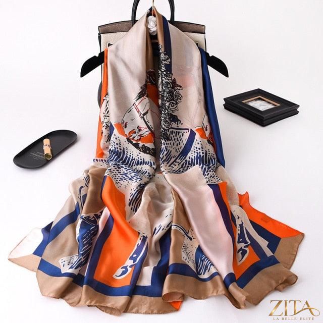 Luxury long printed silk scarf by Zita La Belle Elite, featuring elegant design, perfect for stylish head wraps and neck accessories.
