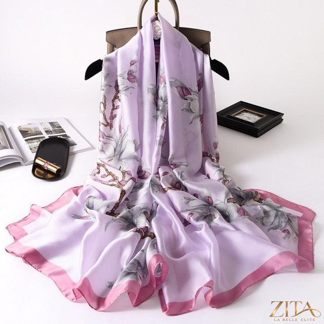 Luxury long printed silk scarf shawl by Zita La Belle Elite, showcasing vibrant patterns and elegant design for stylish wear.
