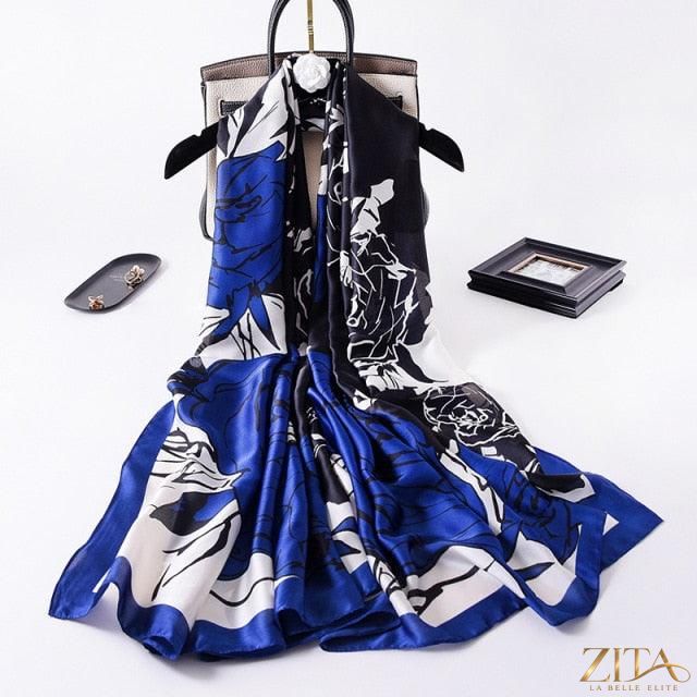 Luxury long printed silk scarf by Zita La Belle Elite, stylish silk shawl with vibrant print, perfect for head, neck, or hijab styling.