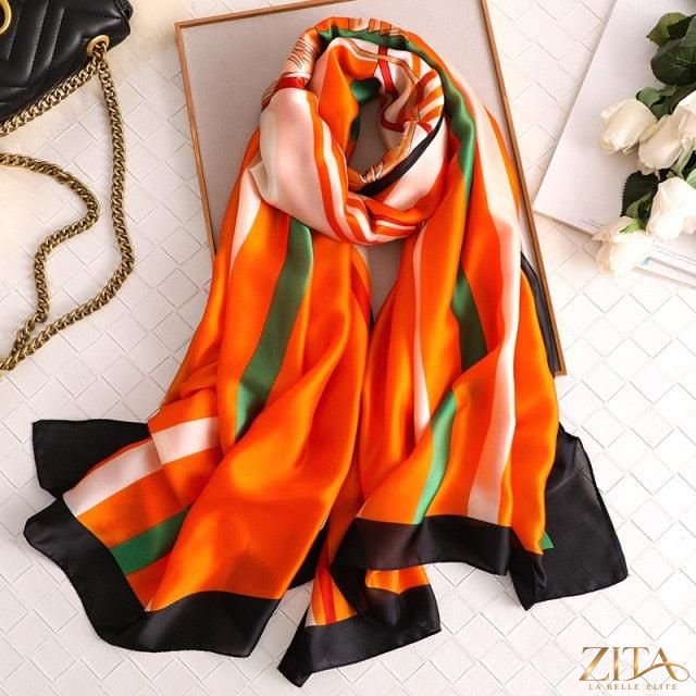 Luxury long printed silk scarf by Zita La Belle Elite, stylish winter silk shawl with vibrant print for women.
