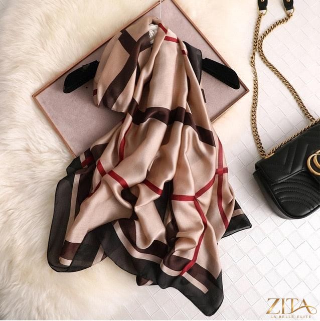 Luxury long printed silk scarf by Zita La Belle Elite, stylish silk shawl with intricate print, versatile for head, neck, or hijab wear.