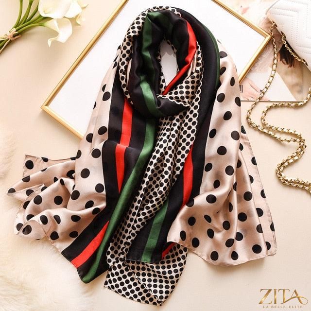 Luxury long printed silk scarf by Zita La Belle Elite, featuring elegant design, perfect for stylish head wraps and neck accessories.