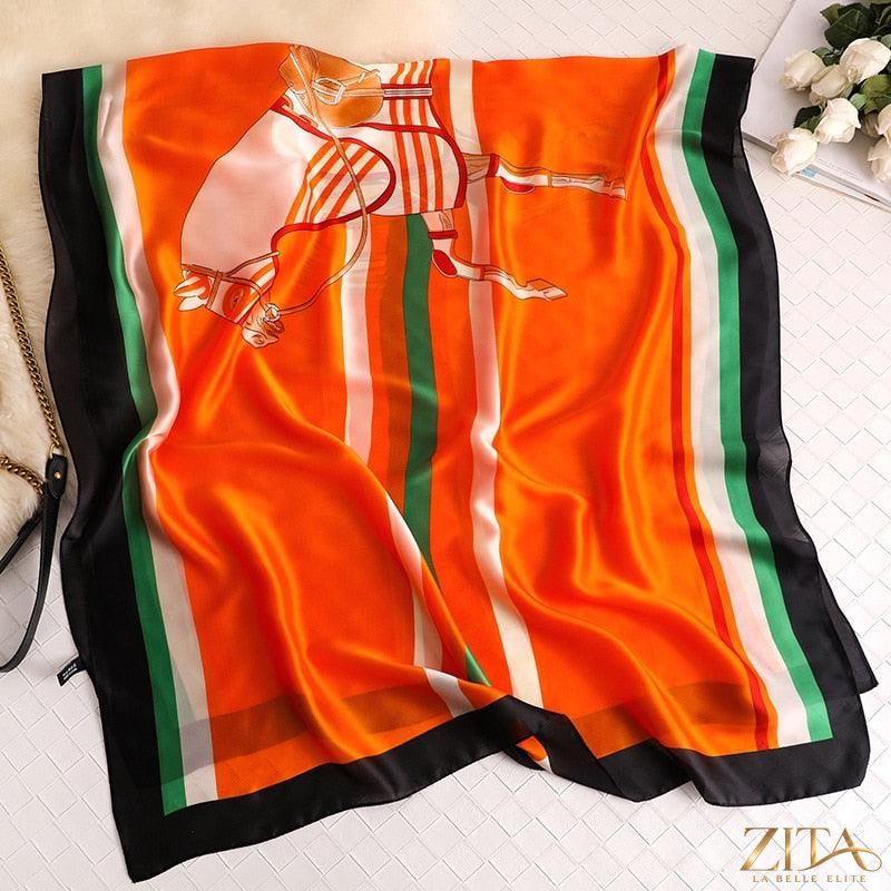 Luxury long printed silk scarf by Zita La Belle Elite, stylish winter shawl with intricate print and versatile styling options.