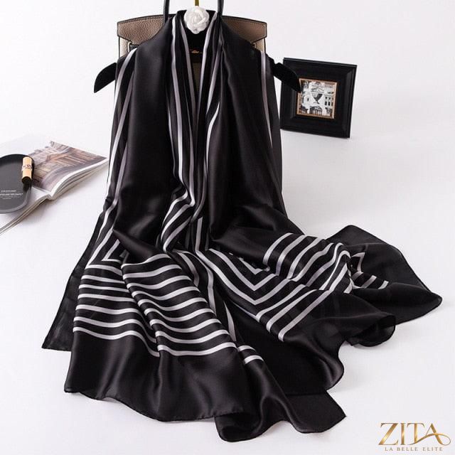 Luxury long printed silk scarf by Zita La Belle Elite, stylish silk shawl with vibrant print for women and versatile head or neck wraps.
