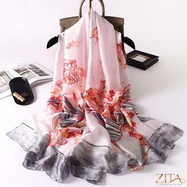 Luxury long printed silk scarf shawl by Zita La Belle Elite, featuring stylish design, perfect for winter wraps and elegant head scarves.