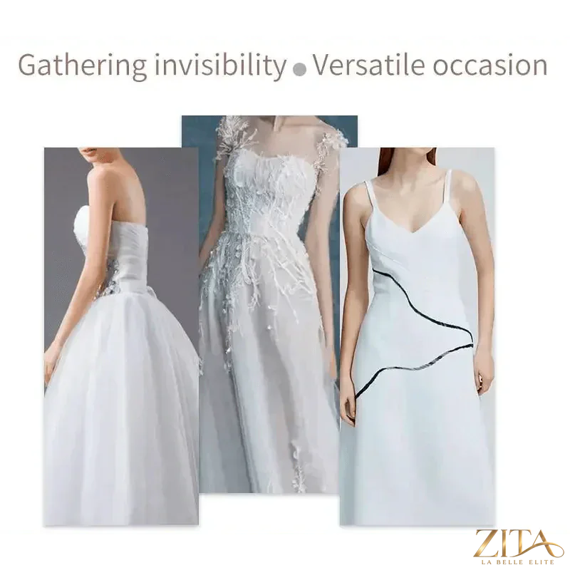 Invisible strapless push-up adhesive bra by Zita La Belle Elite, shown on a model wearing a strapless dress for wedding or party.