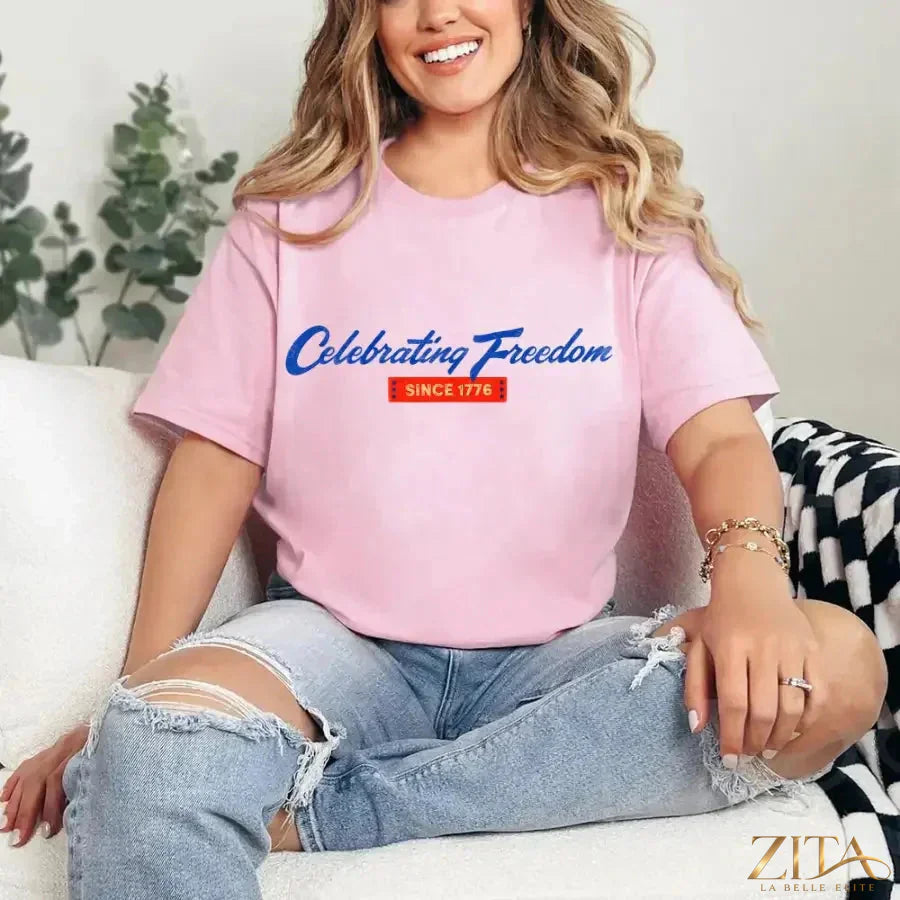 Pink 4th of July T-shirt by Zita La Belle Elite featuring patriotic design celebrating freedom since 1776.
