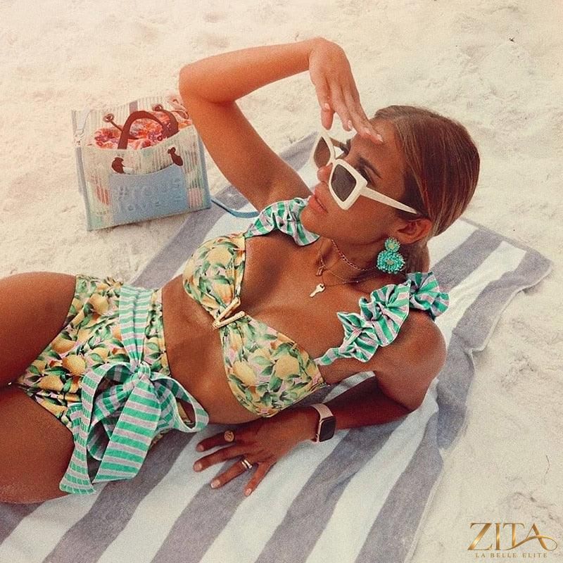 Zita La Belle Elite Ruffle Push-Up Bandage Bikini Set in vibrant colors, featuring ruffled details and supportive fit.
