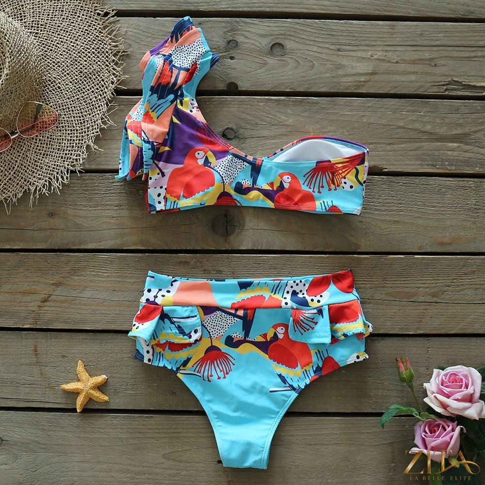 Zita La Belle Elite Ruffle Push-Up Bandage Bikini Set in red with ruffled top and bandage style bottoms, displayed on a model.