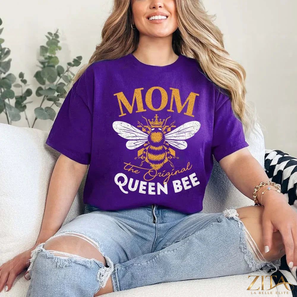 Zita La Belle Elite Mom Queen Bee T-shirt featuring playful bee graphic and stylish design for Mother's Day celebration.