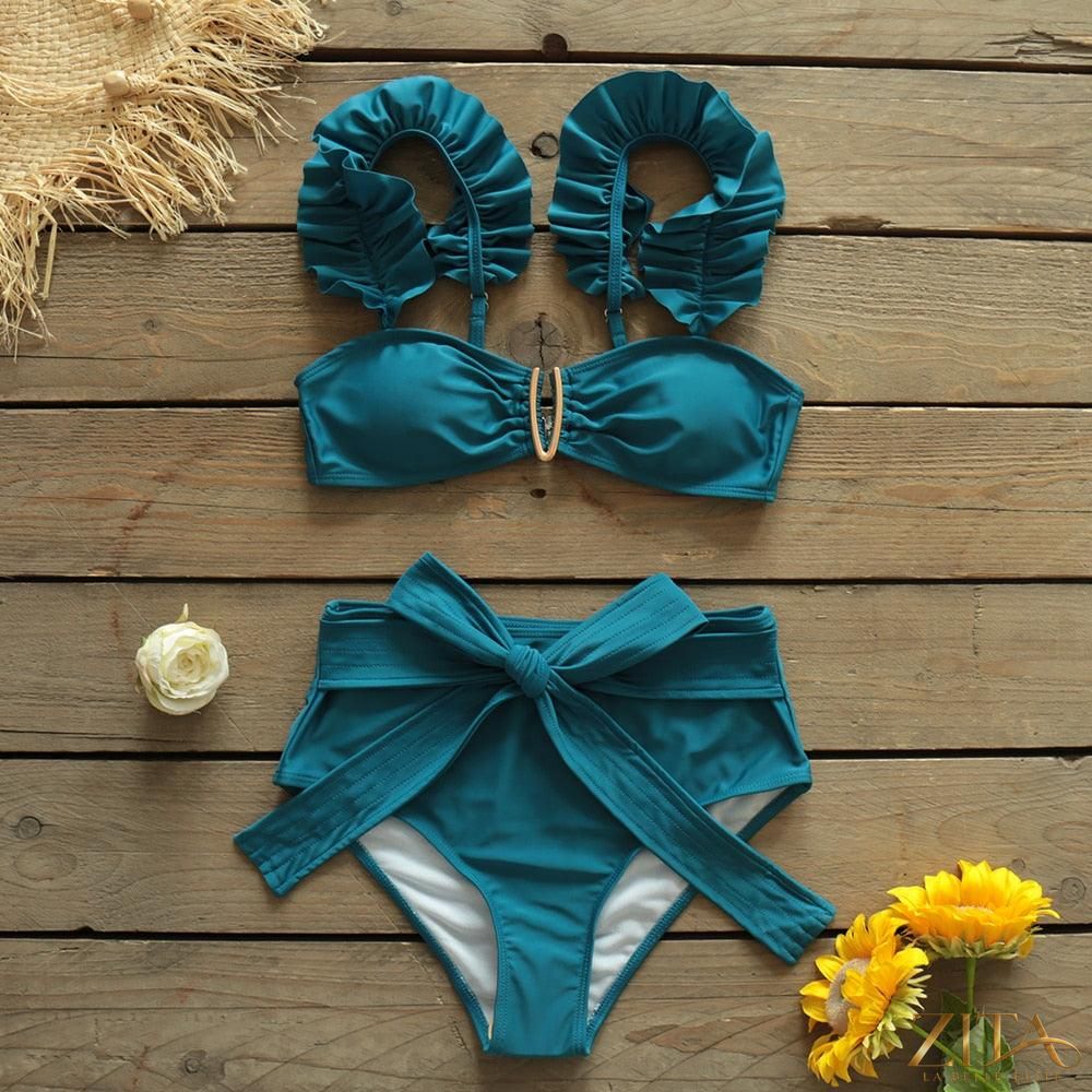 Zita La Belle Elite Ruffle Push-Up Bandage Bikini Set with padded bra, ruffles, and low-rise two-piece swimwear for women at the beach.