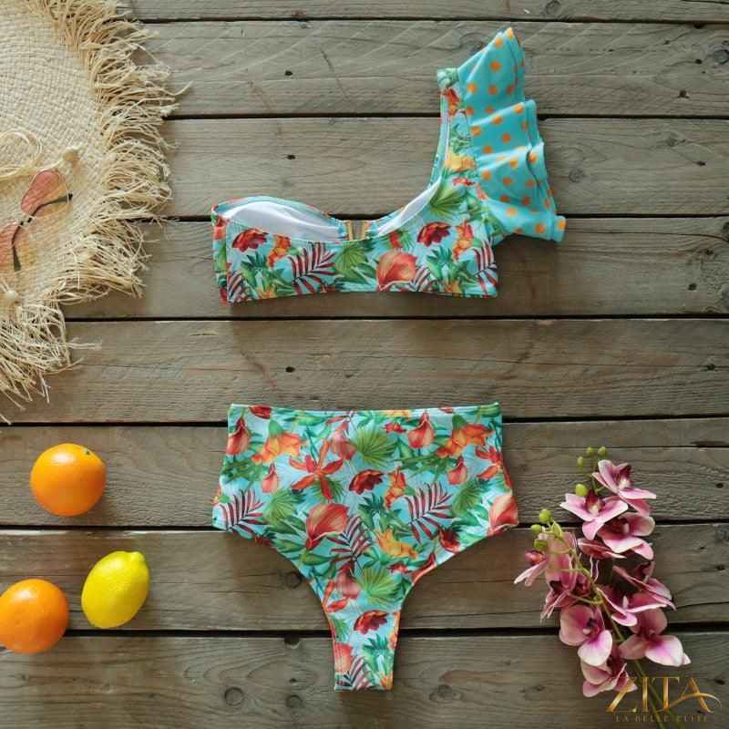 Zita La Belle Elite Ruffle Push-Up Bandage Bikini Set with padded bra, ruffles, and low-rise two-piece design for women.