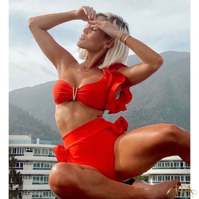Zita La Belle Elite Ruffle Push-Up Bandage Bikini Set with padded bra, ruffles, and low-rise two-piece swimwear for women at the beach.