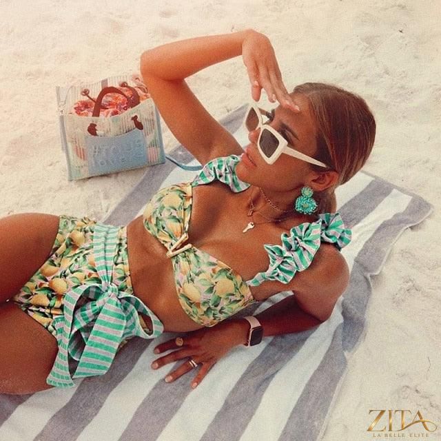 Zita La Belle Elite Ruffle Push-Up Bandage Bikini Set with padded bra and flounce ruffles, two-piece swimwear for women at the beach.