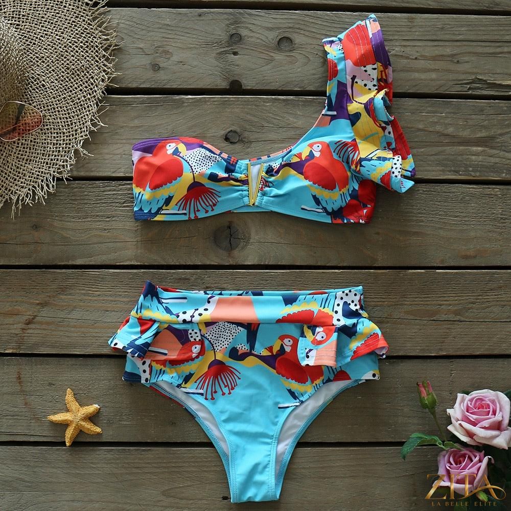 Zita La Belle Elite Ruffle Push-Up Bandage Bikini Set with padded bra and ruffle details, two-piece swimsuit for women on beach.