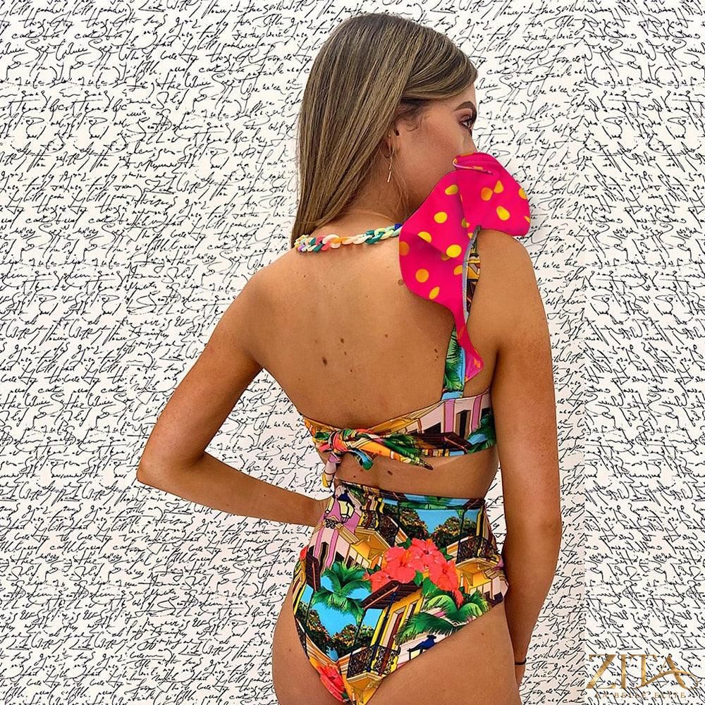 Zita La Belle Elite Ruffle Push-Up Bandage Bikini Set with padded bra, ruffles, and low-rise bottoms on a model.