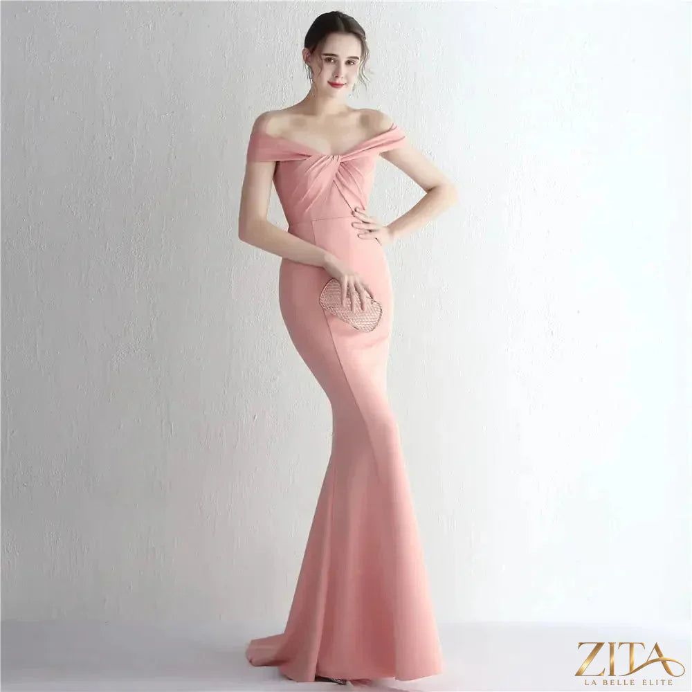 Slim-fit off-shoulder long evening dress for women by Zita La Belle Elite, featuring a sleek silhouette and elegant design.