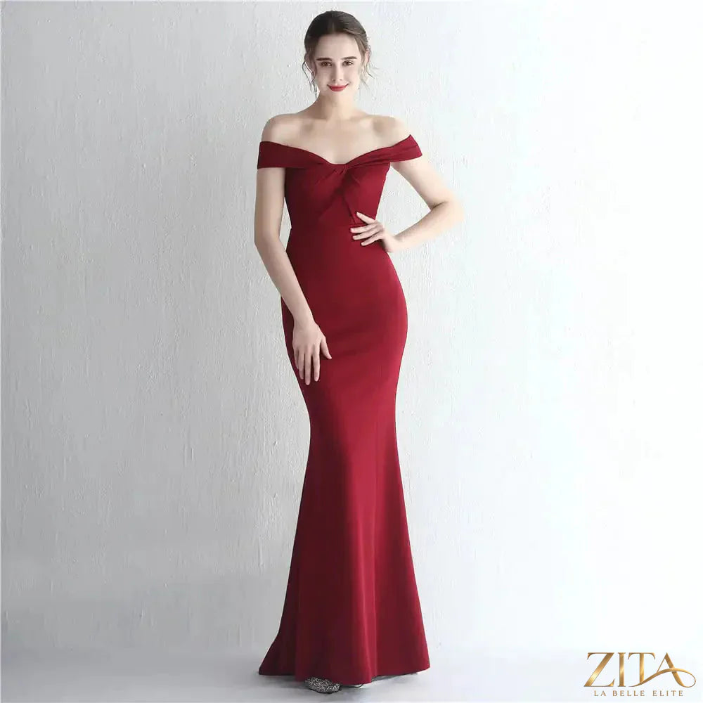 Slim-fit off-shoulder long evening dress for women by Zita La Belle Elite, featuring a sleek, elegant silhouette in a stylish design.