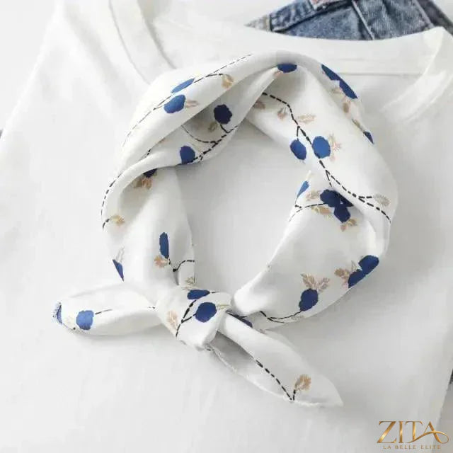 Printed square silk neck scarf for women, stylish and versatile, by Zita La Belle Elite, featuring a colorful, elegant design.