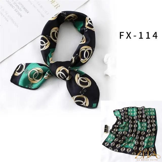Printed square silk neck scarf for women by Zita La Belle Elite, featuring vibrant floral and geometric patterns.