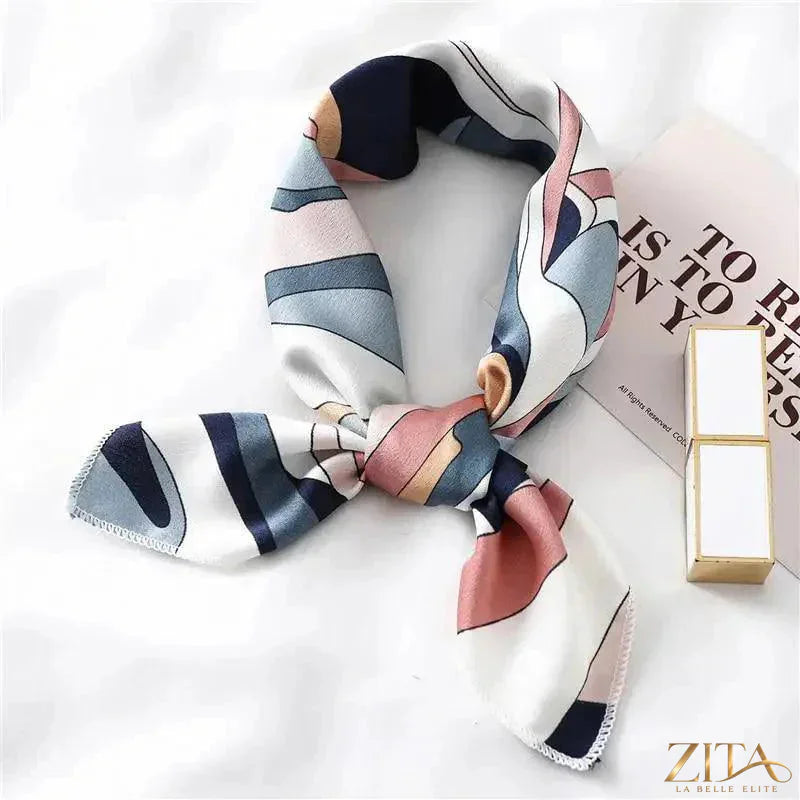 Printed square silk neck scarf for women by Zita La Belle Elite, featuring vibrant floral patterns and lightweight silky fabric.