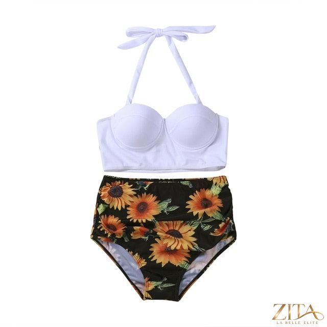 Women’s vintage tropical print high waist bikini set by Zita La Belle Elite, featuring push-up padded bra and retro halter design.