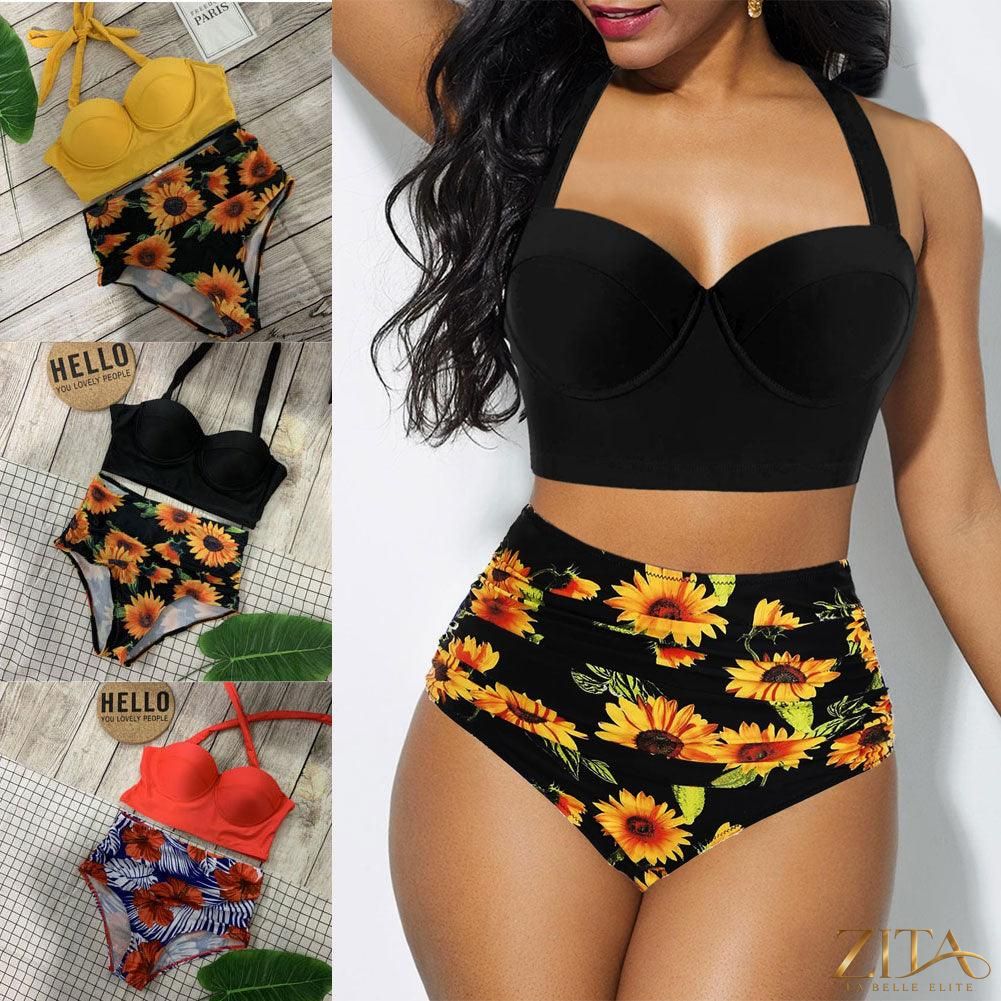 Women's retro tropical print high waist halter bikini set with push-up padded bra, by Zita La Belle Elite, featuring floral swimwear design.