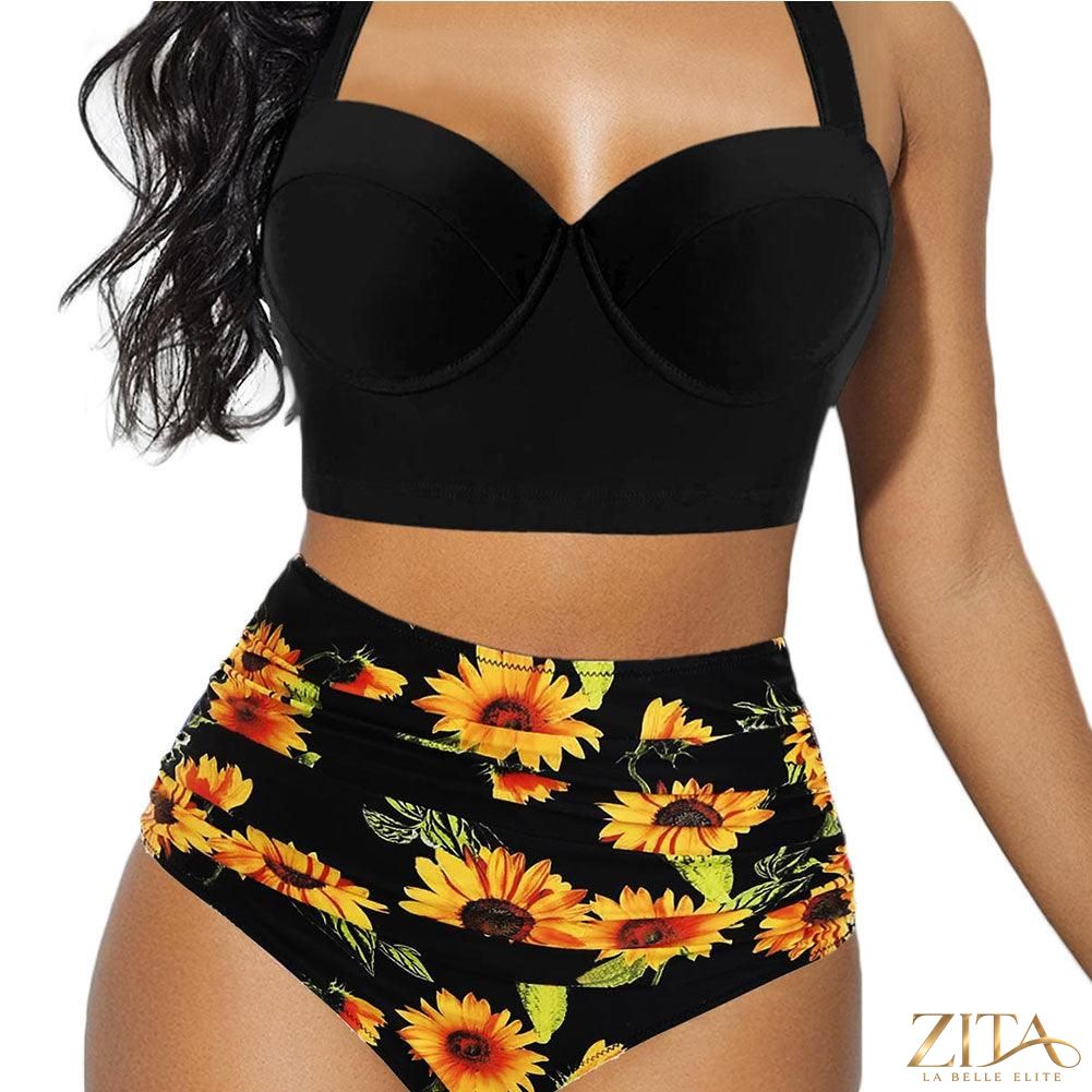 Women’s tropical print halter bikini set with high waist, push-up padded bra, by Zita La Belle Elite, featuring vintage floral swimwear.
