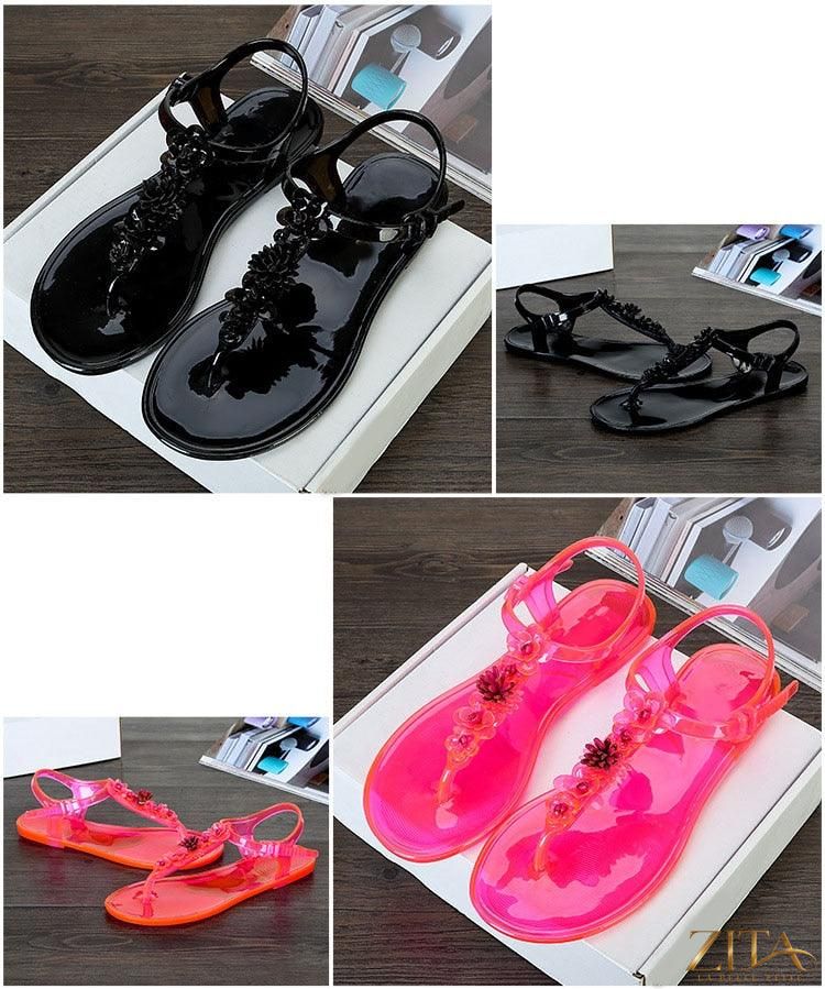 Zita La Belle Elite flower T-strap flat thong sandals for women, breathable summer beach footwear with non-slip soles.