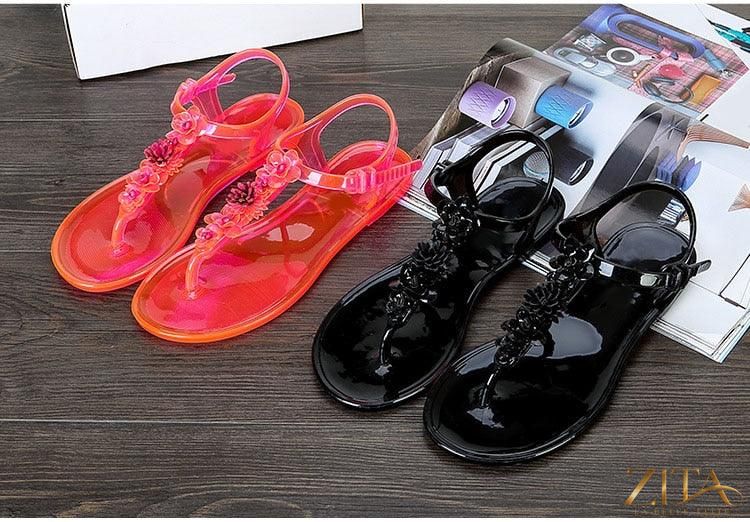 Zita La Belle Elite Flower T-Strap flat thong sandals for women, breathable summer beach shoes with non-slip soles.